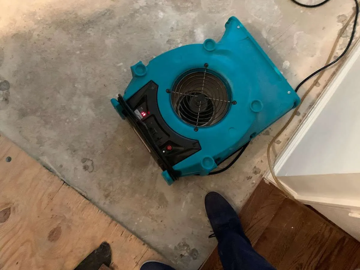 Air mover drying subfloor during Leak Detection & Repair in Hatfield